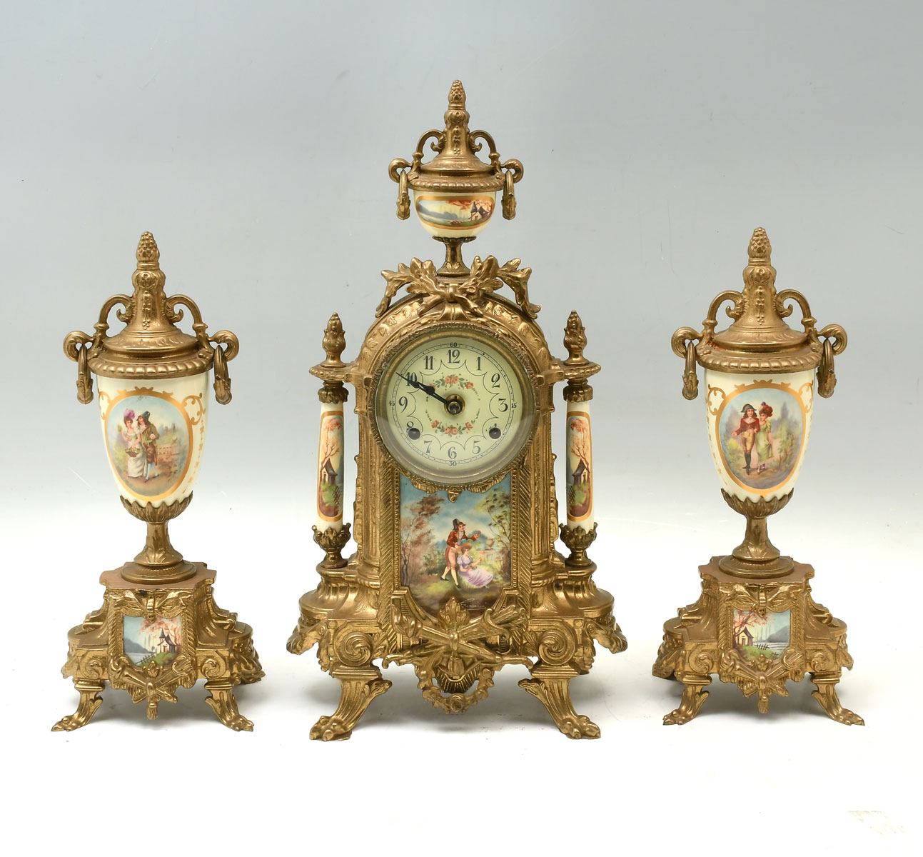 3 PC ITALIAN BRASS CLOCK GARNITURE  274c52