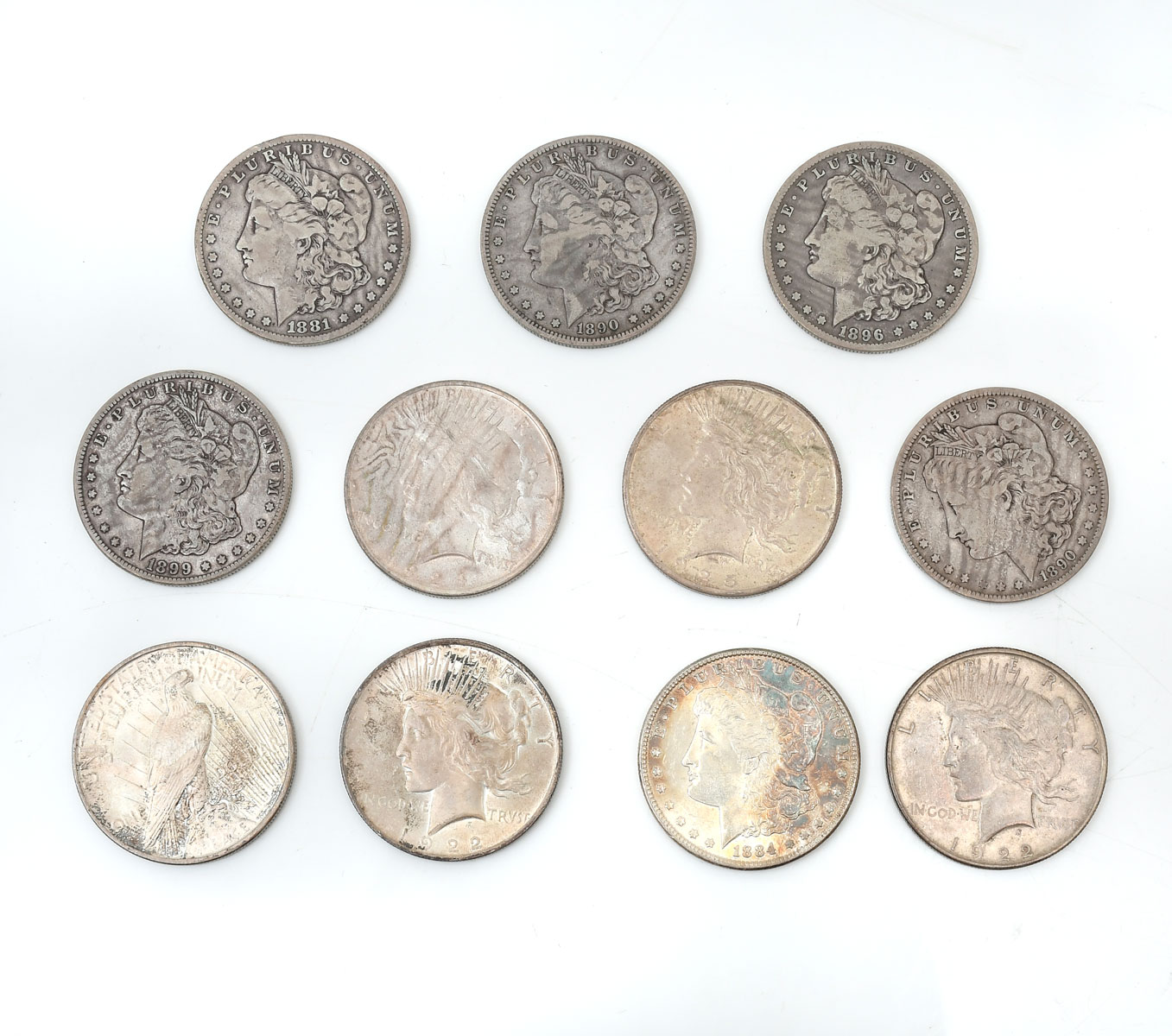 11 PIECE MORGAN AND PEACE SILVER 274cd2