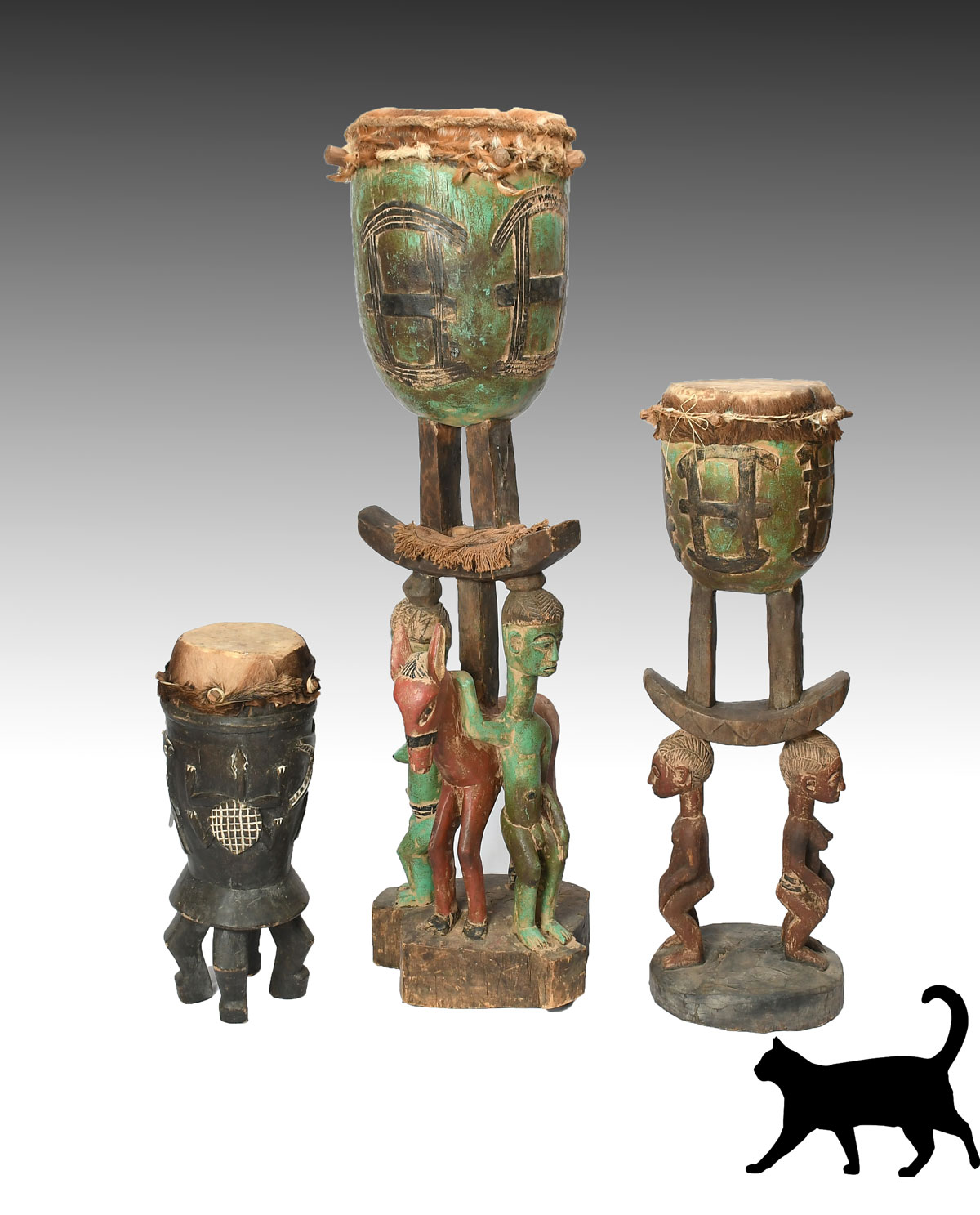 3 CARVED AFRICAN DRUMS 1 Senufo 274cf1