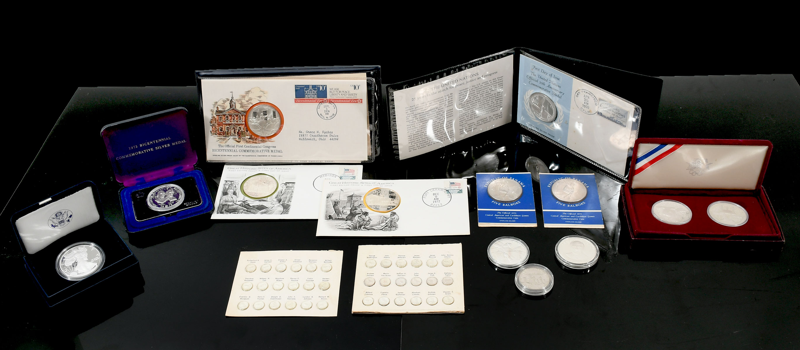 14 PC. SILVER COINS & MEDALLIONS: Comprising;