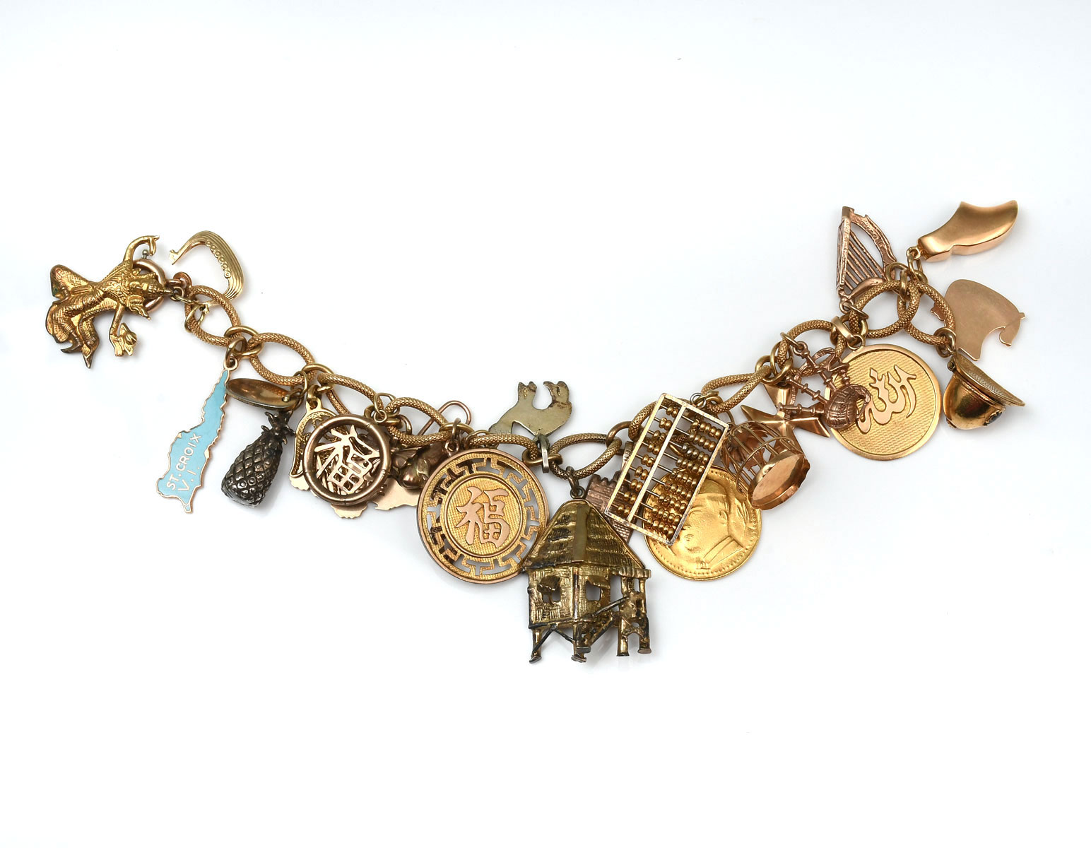 14K CHARM BRACELET AND CHARMS  274d21