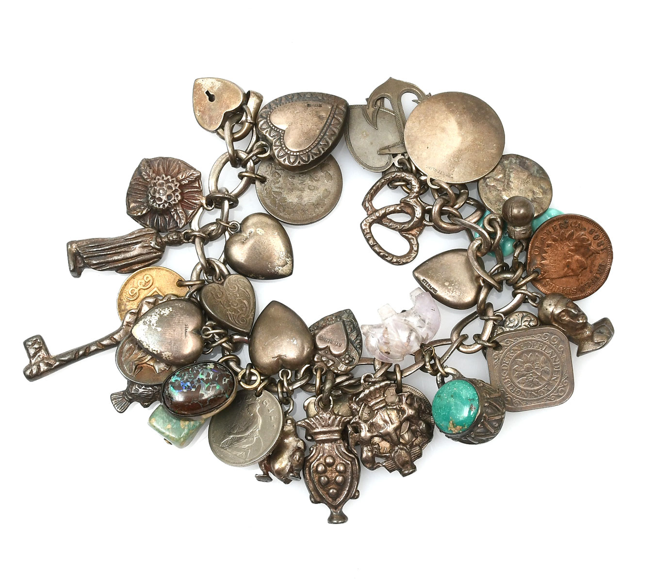 STERLING CHARM BRACELET WITH CHARMS: