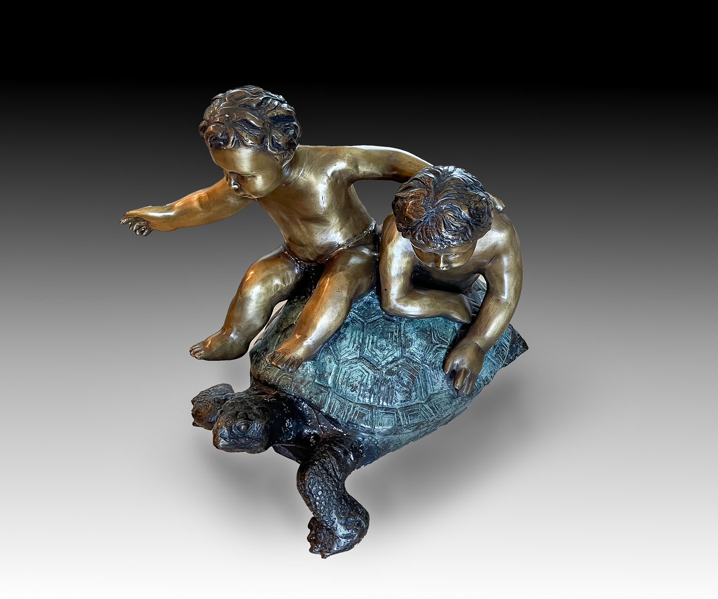 PATINATED BRONZE TURTLE WITH CHILDREN