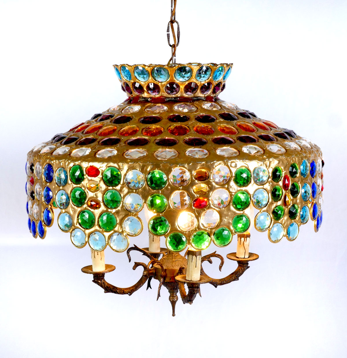 PEWTER & LEAD STAINED GLASS CHANDELIER: