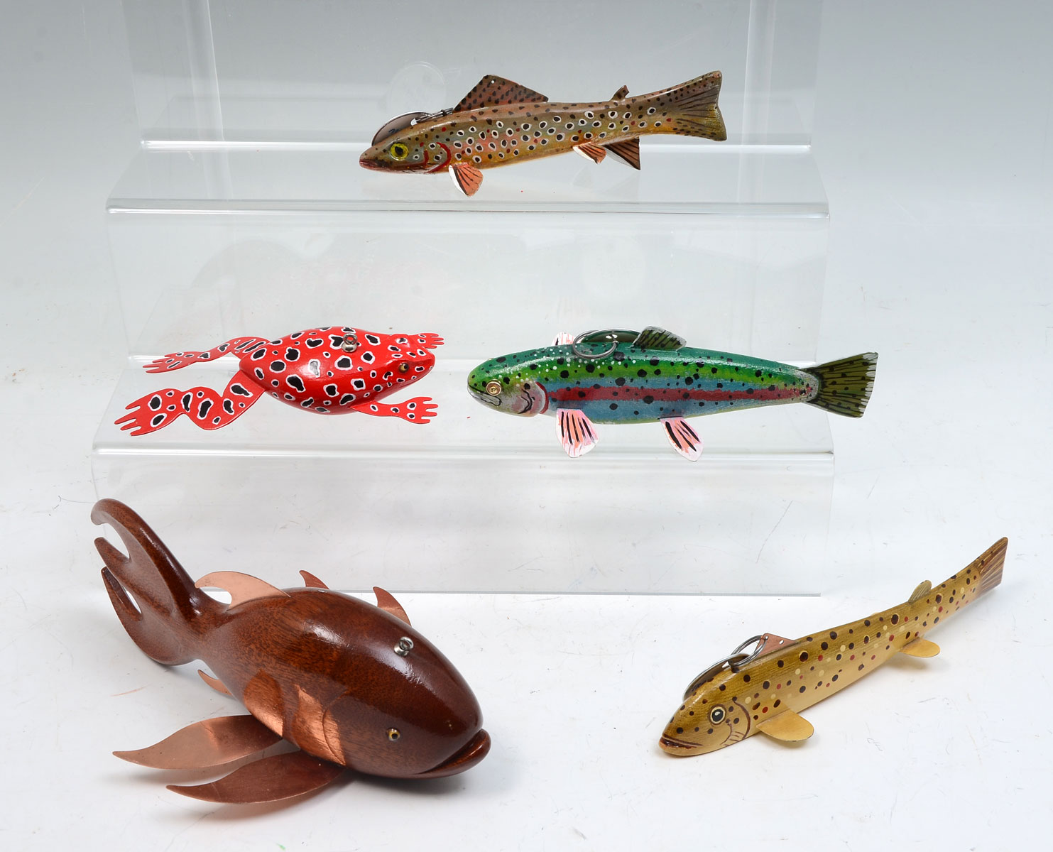 FIVE HAND-CARVED AND PAINTED FISH DECOYS: