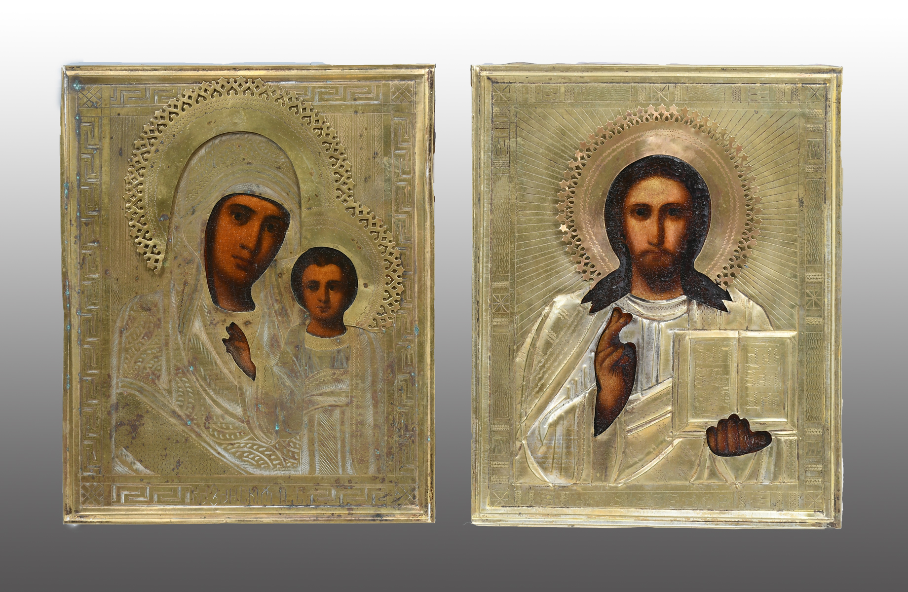 TWO PAINTED ICONS: 1) Madonna and Child,