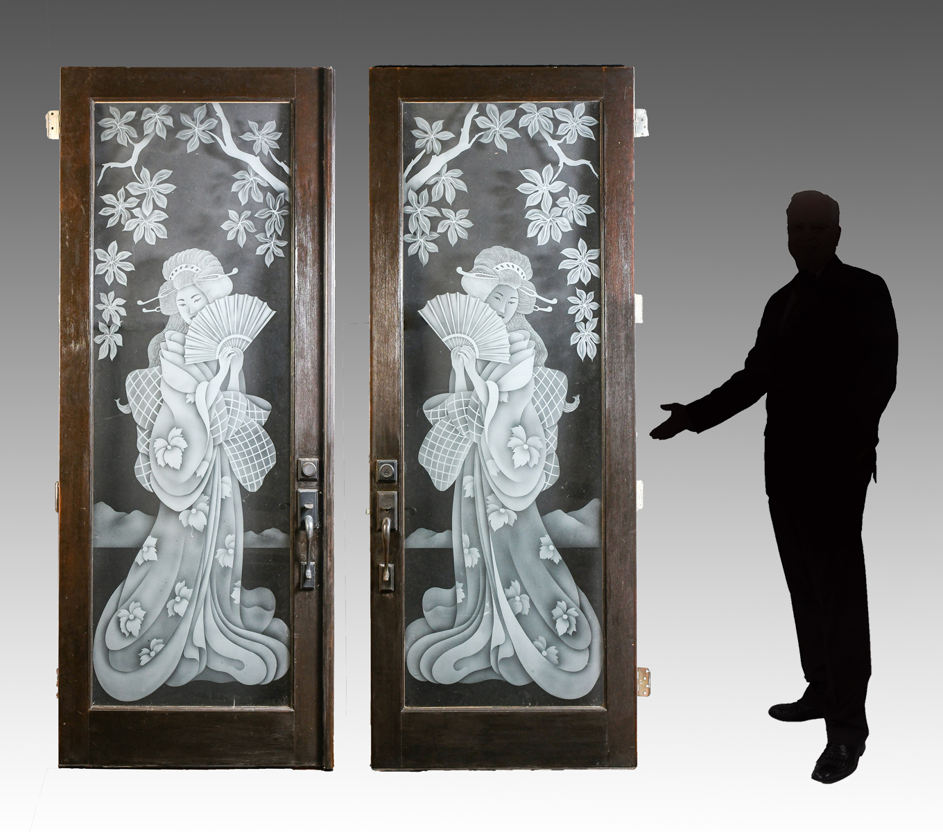 PAIR ETCHED GLASS ENTRY DOORS: