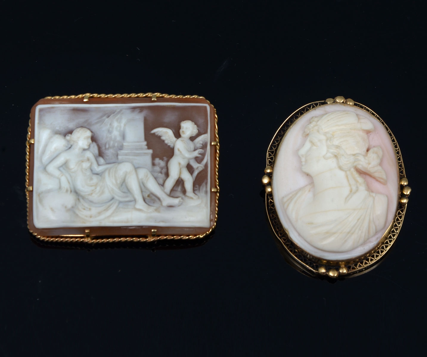 2 CARVED CAMEO BROOCHES: 1) Shell