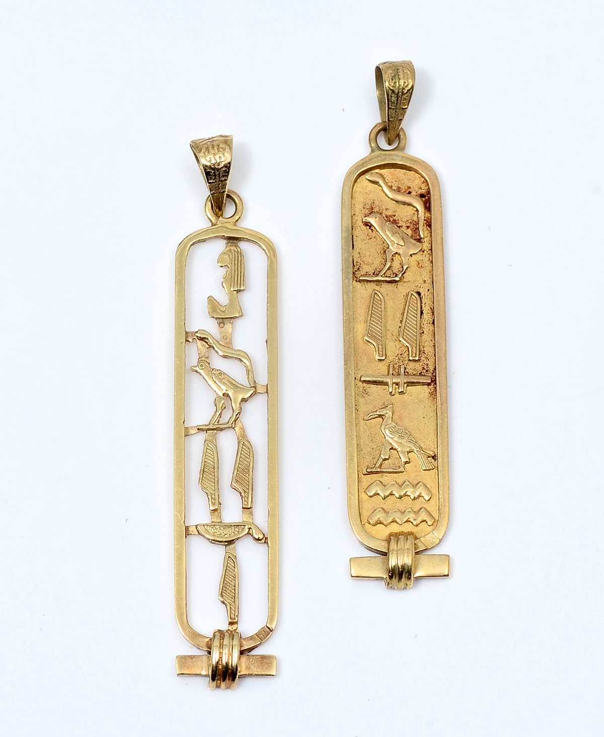 2 14K CARTOUCHE PENDANTS: 1 solid