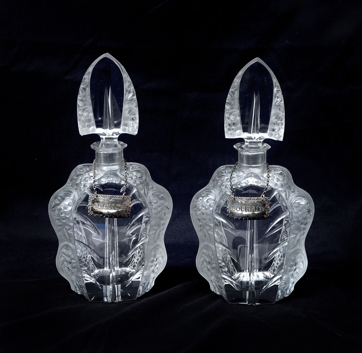PR OF LALIQUE STYLE DECANTERS: Each