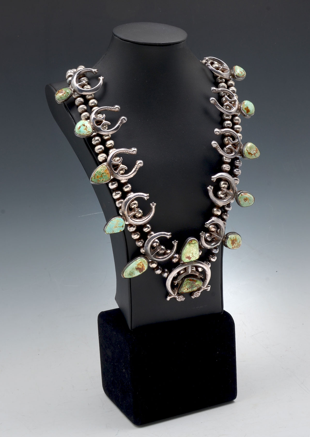 GREEN TURQUOISE & STERLING SQUASH BLOSSOM: