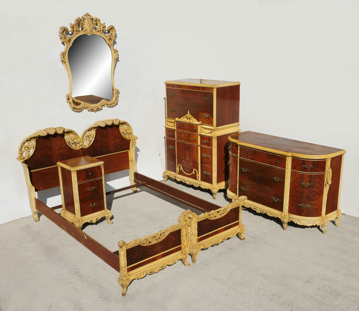 5 PIECE FRENCH CARVED BEDROOM SUITE: