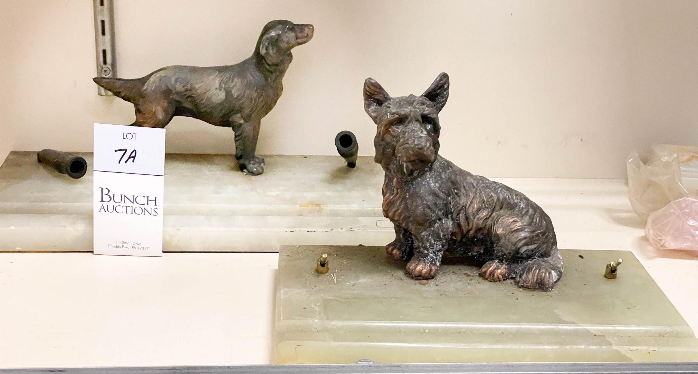 (2) Marble pen trays with metal dogs,