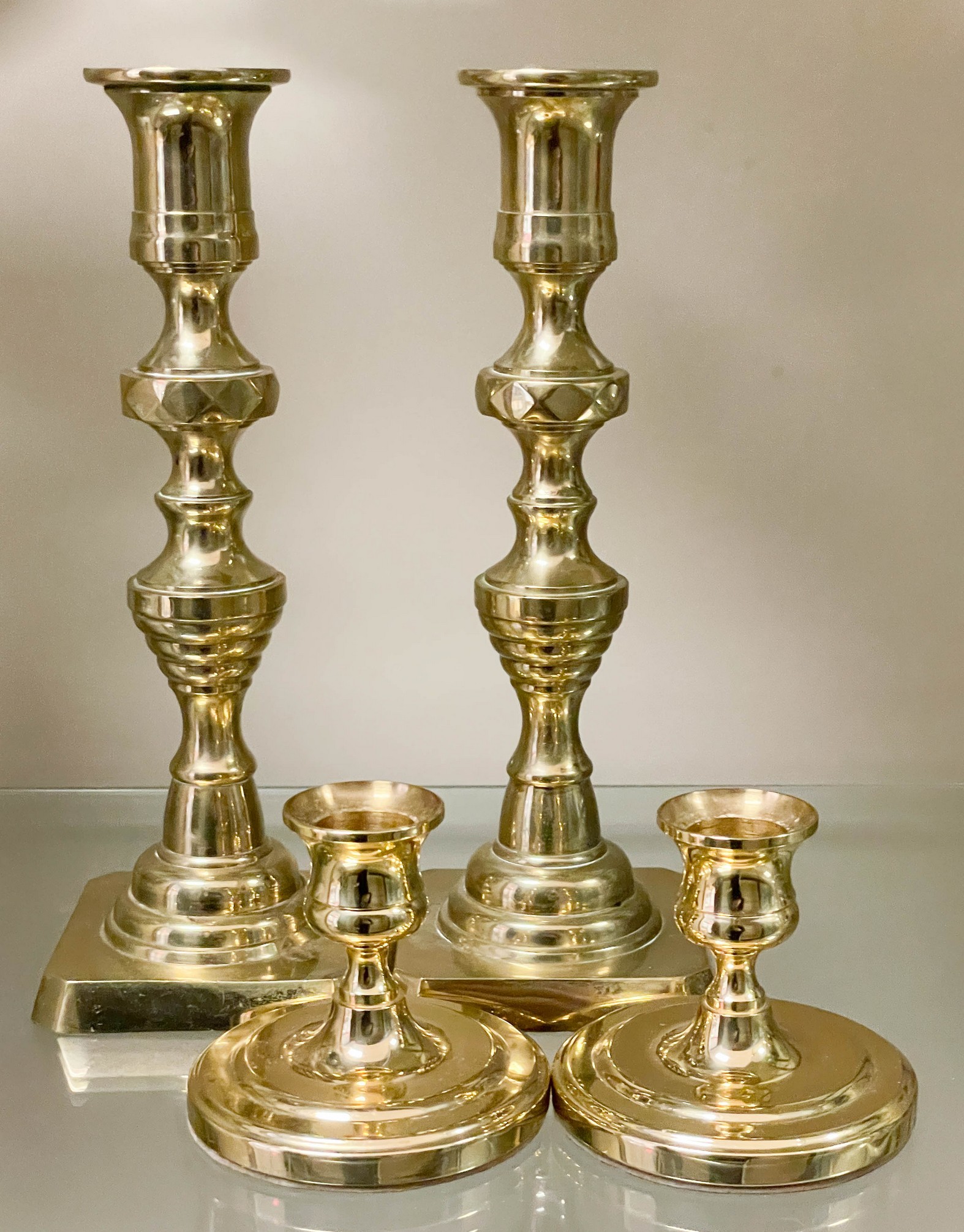 (2) Pair brass candlesticks, c/o inverted
