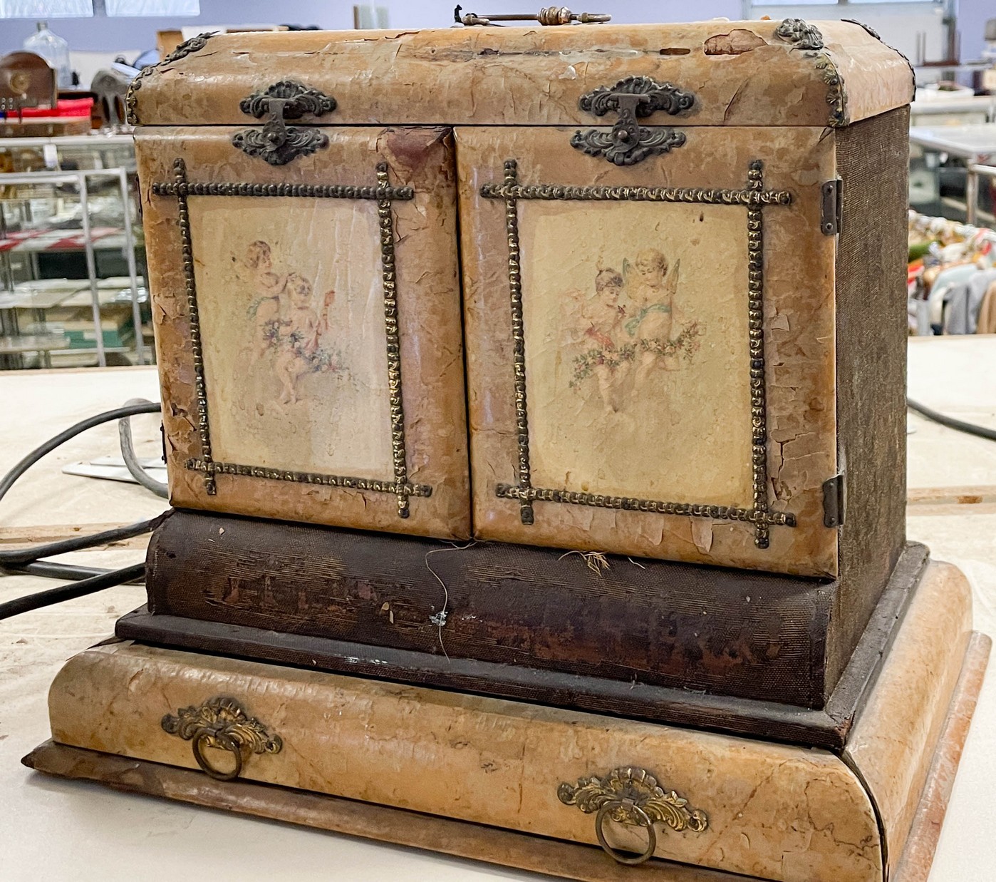 Antique jewelry chest, lift lid & double