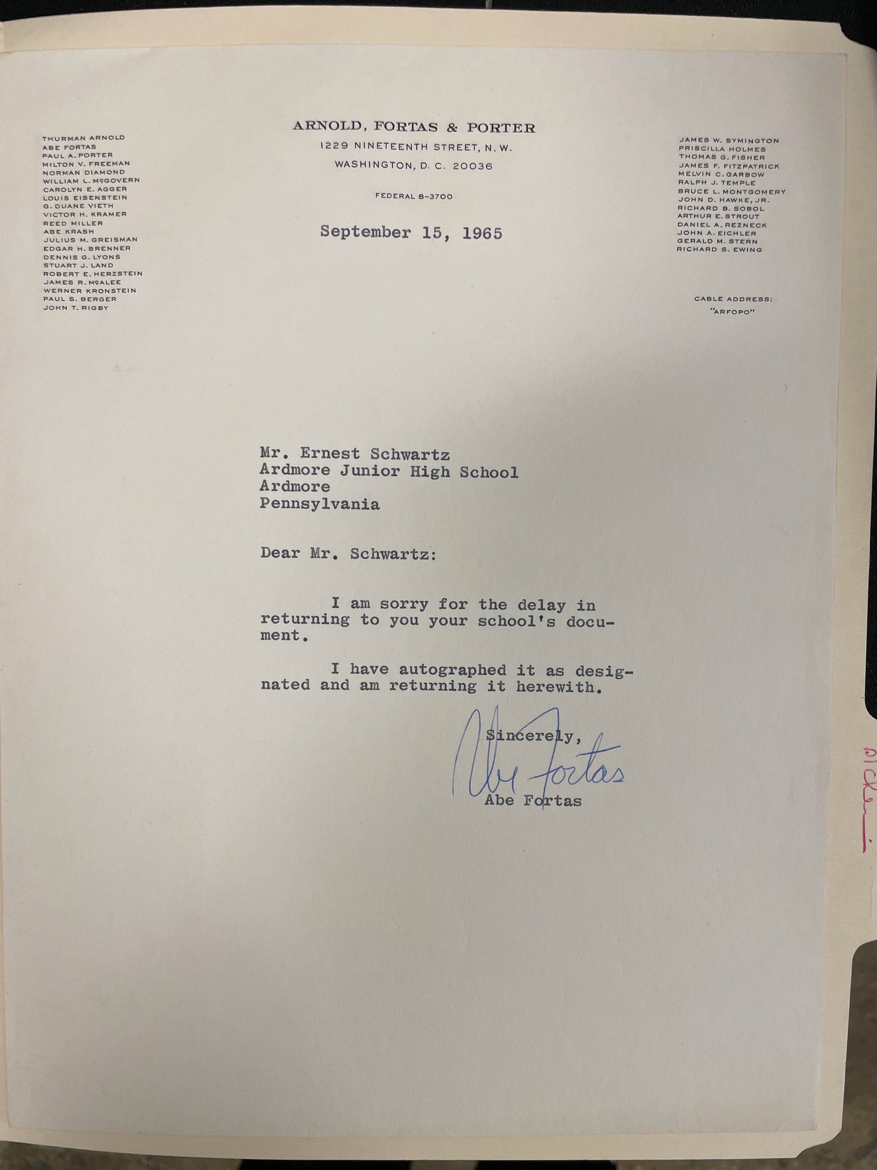 An typed letter, signed by Supreme Court