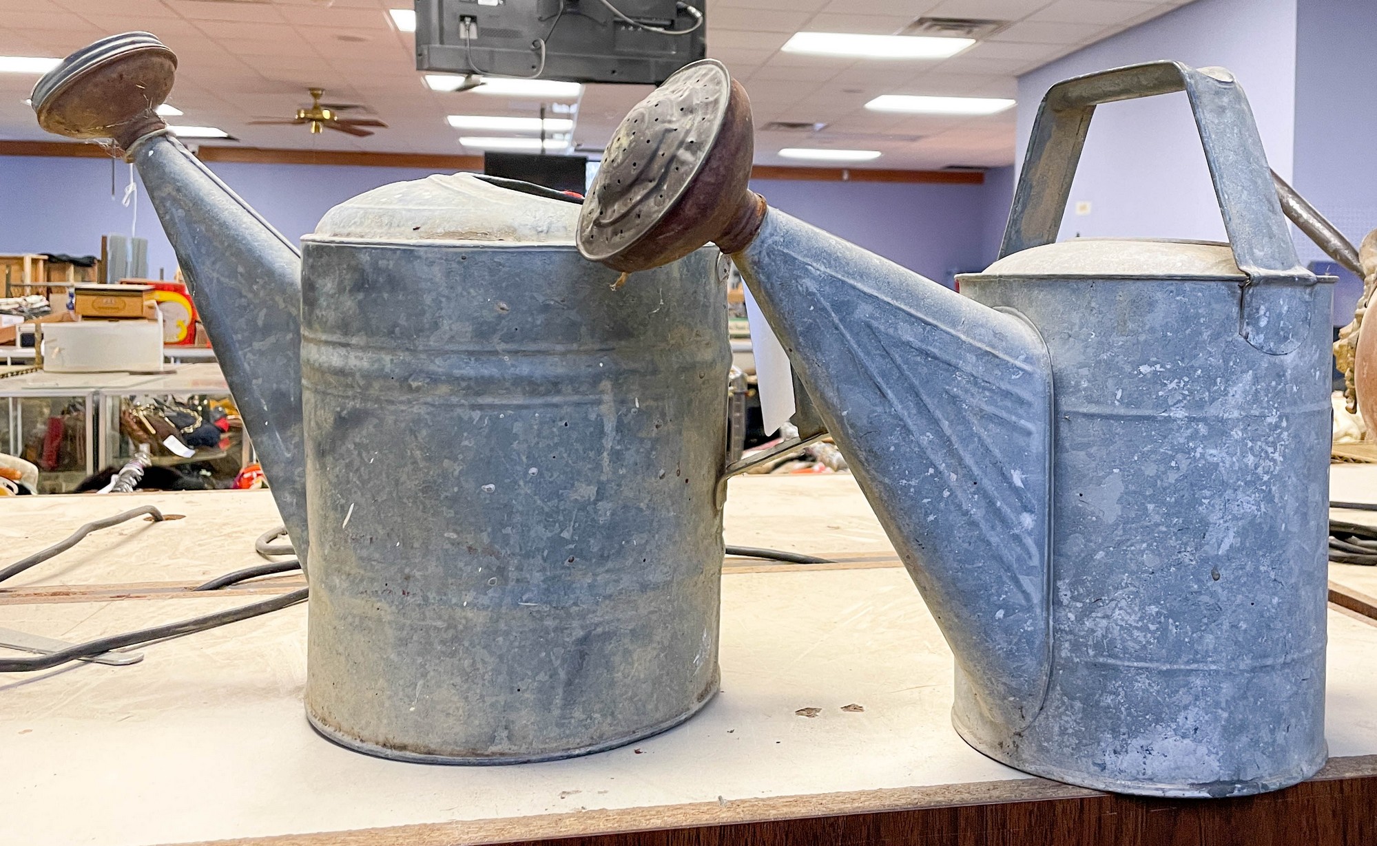 (2) Galvanized tin watering cans,