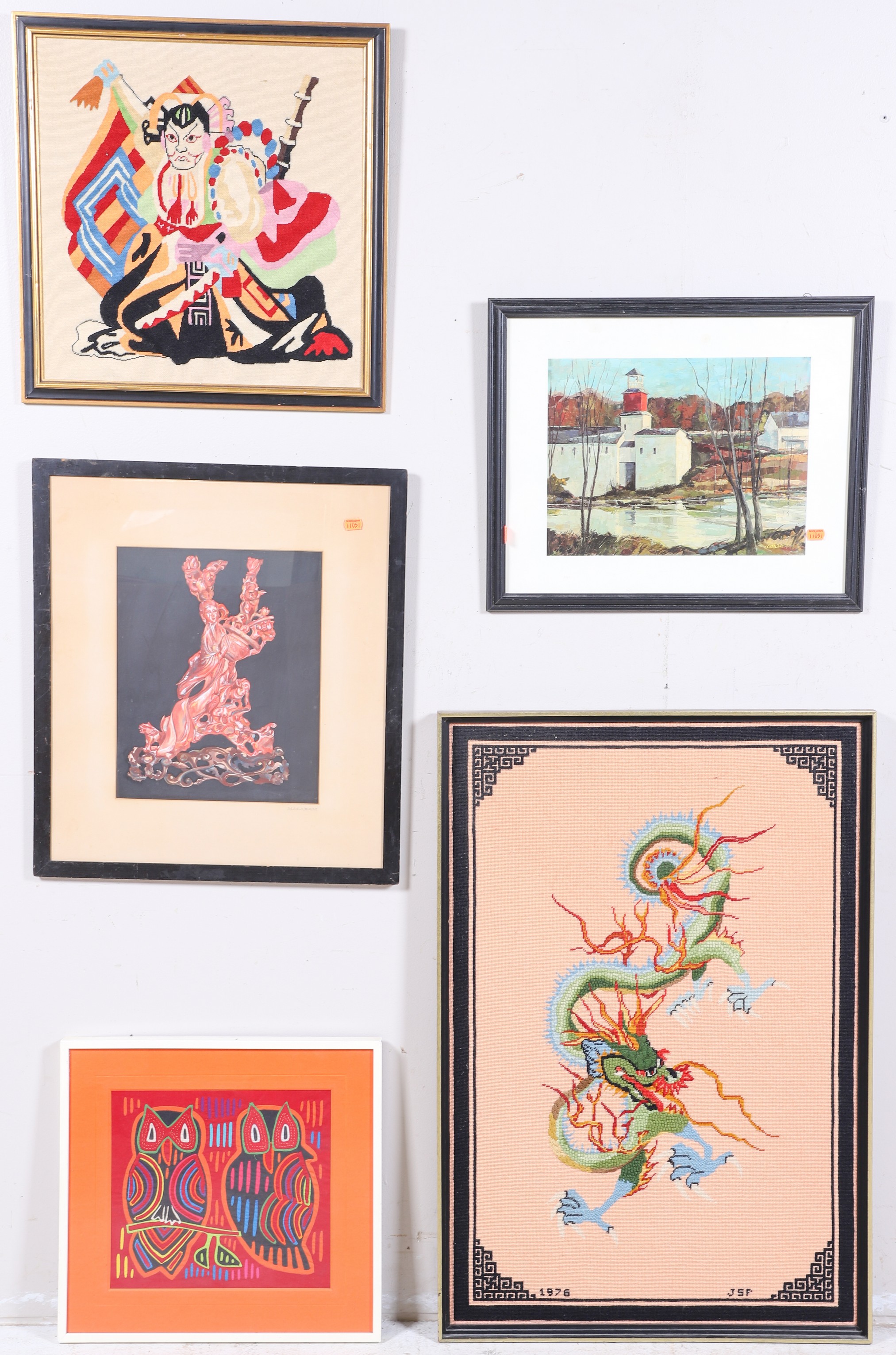 5 Framed Pictures 2 Asian themed needlepoints,