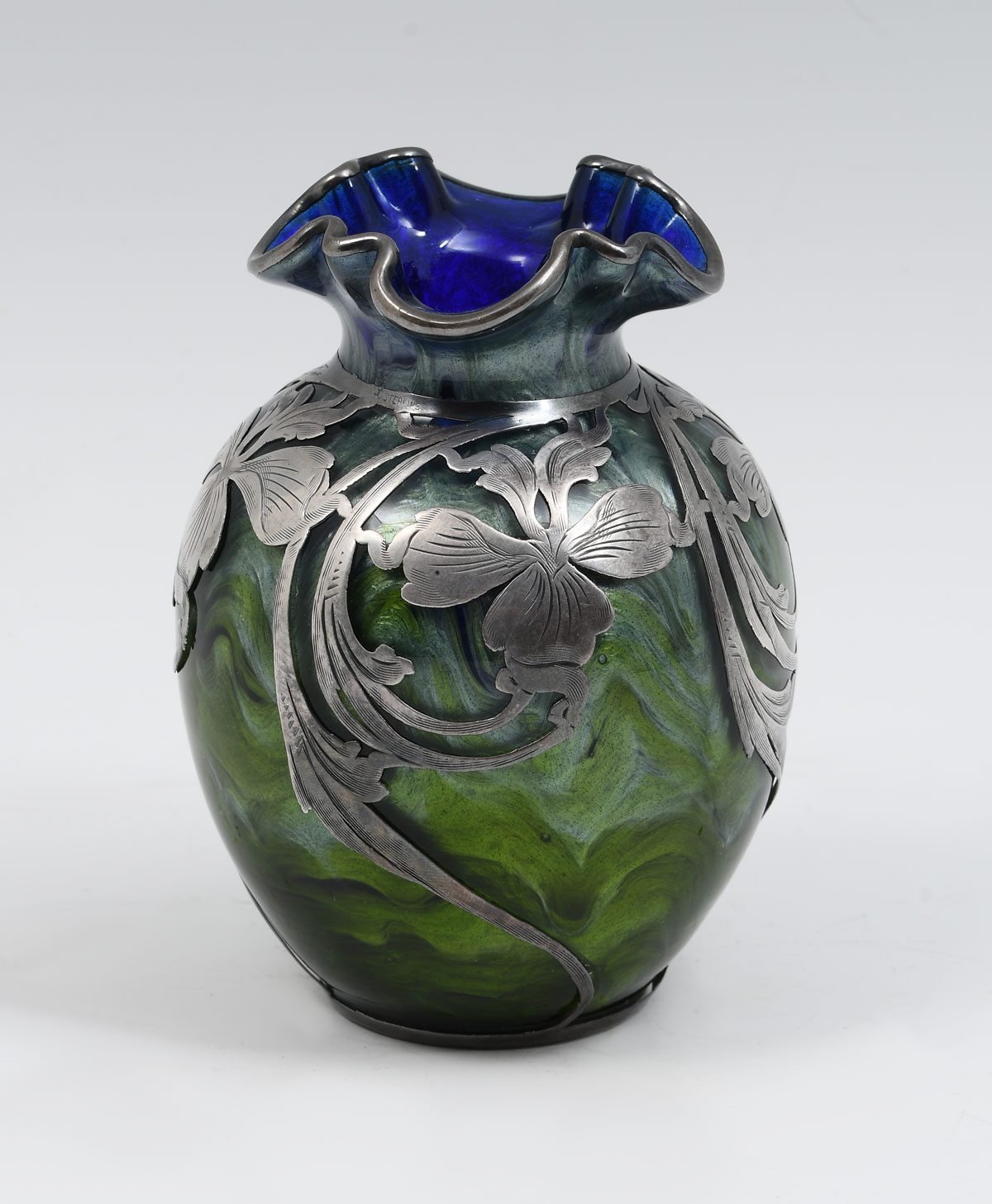 LOETZ SILVER OVERLAY ART GLASS VASE: