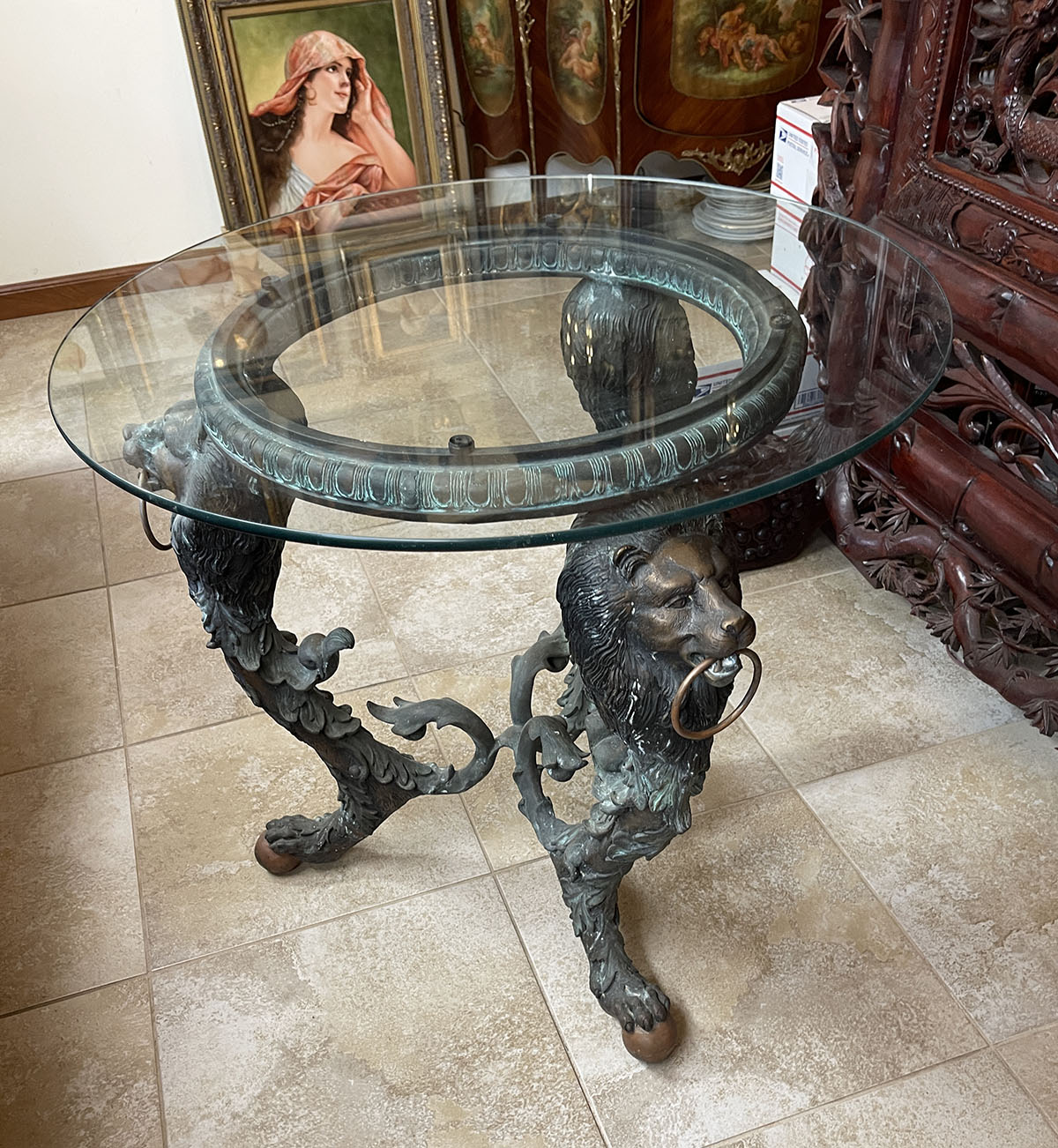 GLASS TOP BRONZE LION MOTIF TABLE  2761ae