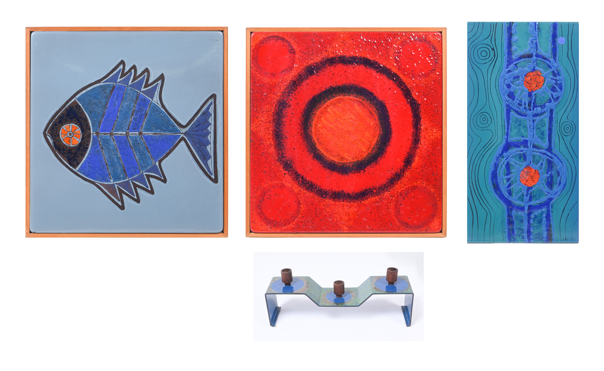 4 PC. MID-CENTURY ENAMALED ARTWORK: