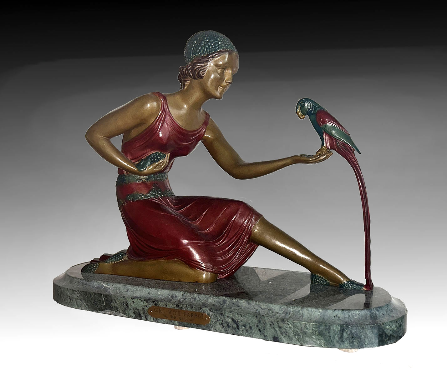 DECO-STYLE BRONZE GIRL WITH PARROT