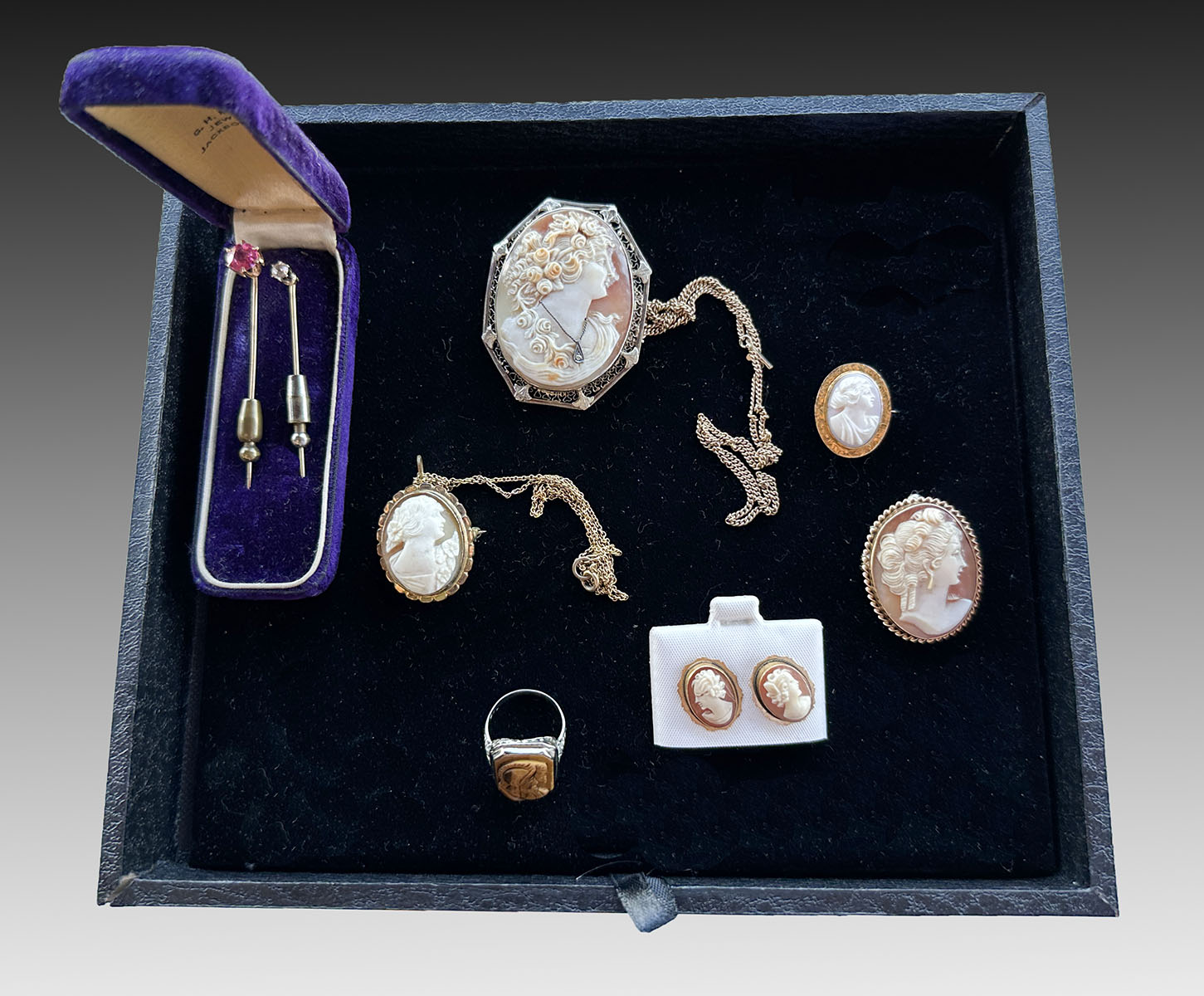 8PC GOLD CAMEO AND PIN LOT: Lot includes