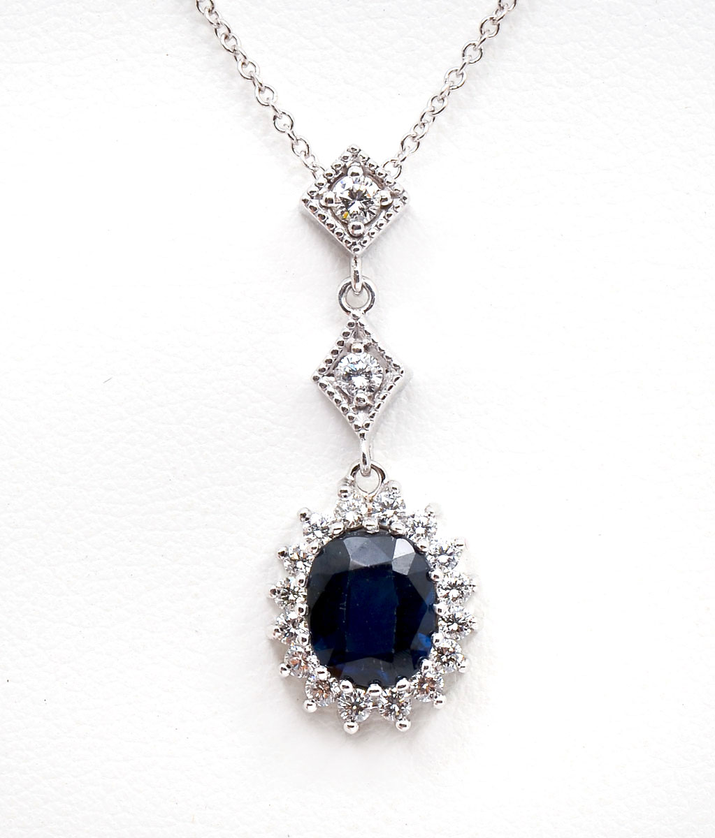 14K DIAMOND SAPPHIRE DROP PENDANT NECKLACE  276be4