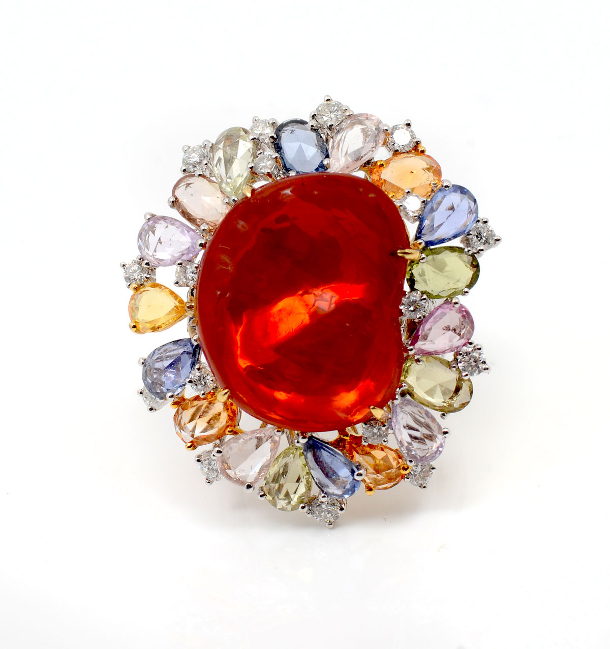 18K FIRE OPAL, SAPPHIRE & DIAMOND