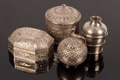 An Egyptian silver spice pot on stand