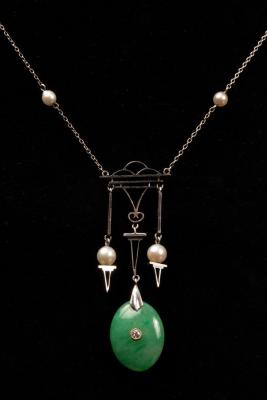 A jade, diamond and pearl pendant