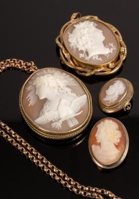 Four shell cameos, one depicting