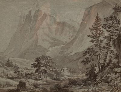 19th Century School/Alpine Valley/watercolour,