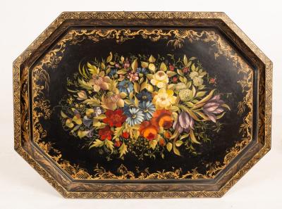A toleware tray painted flowers, 70cm