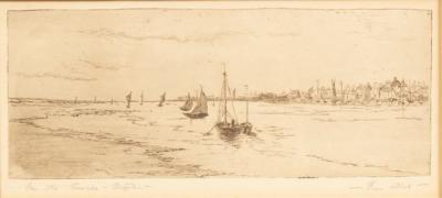 English School/On the Canche, Etaples/signed/etching