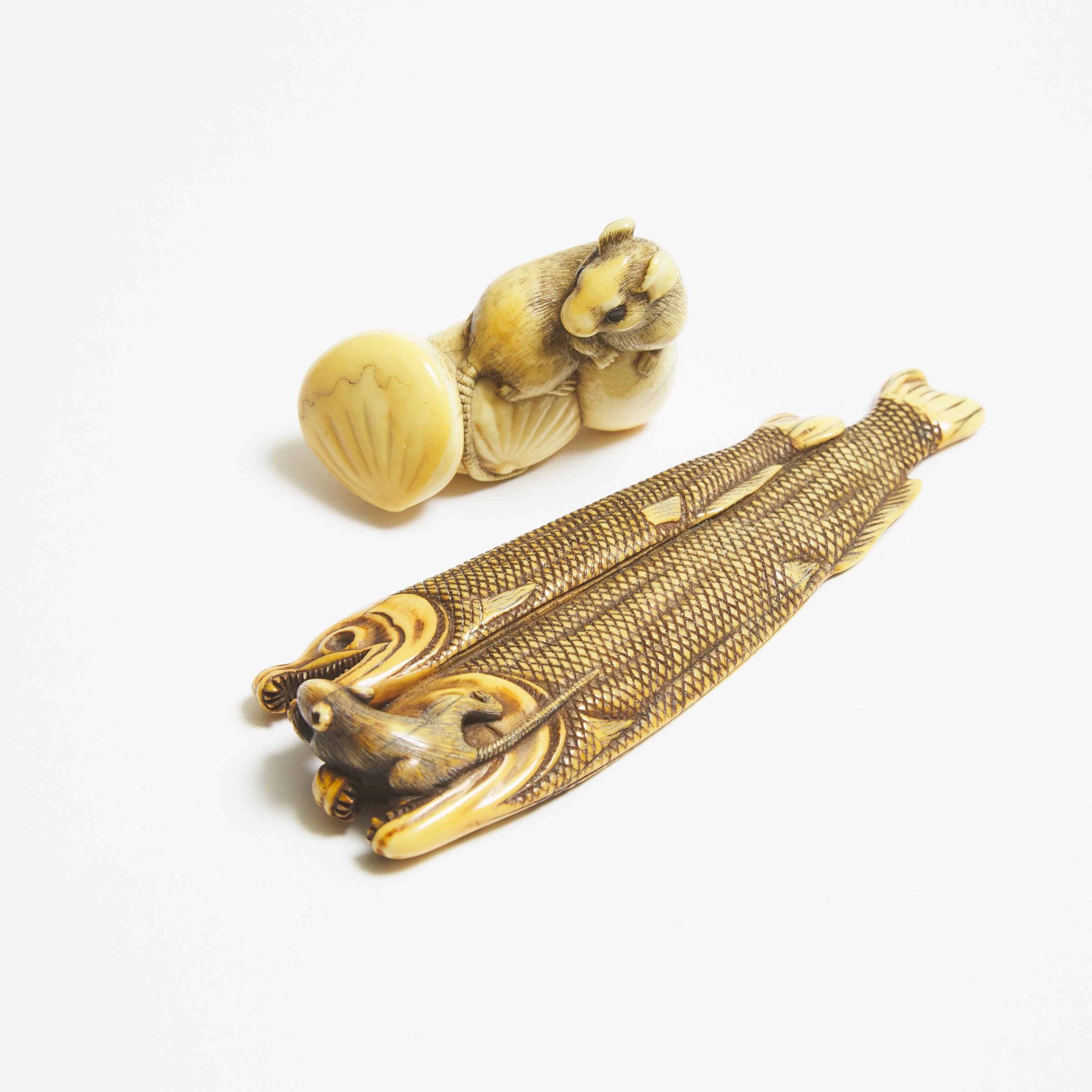 Two Ivory Netsuke of a Rat on Dried