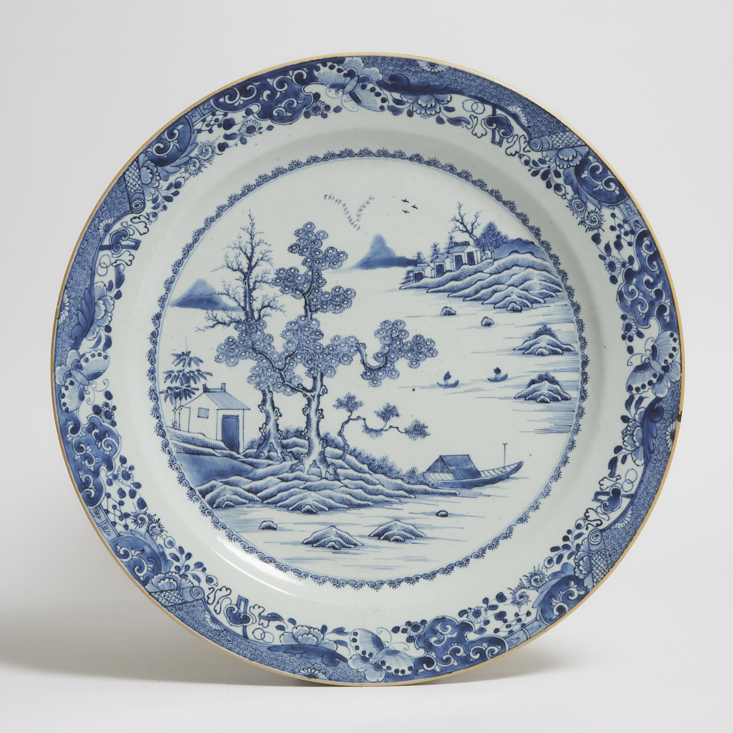 A Large Blue and White Landscape Plate,