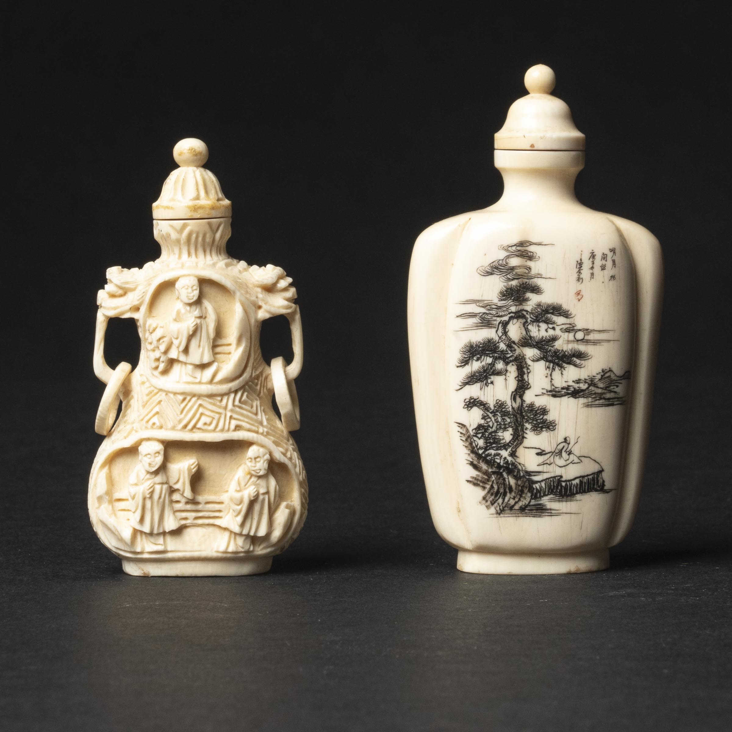 Two Carved Ivory Snuff Bottles, 20th