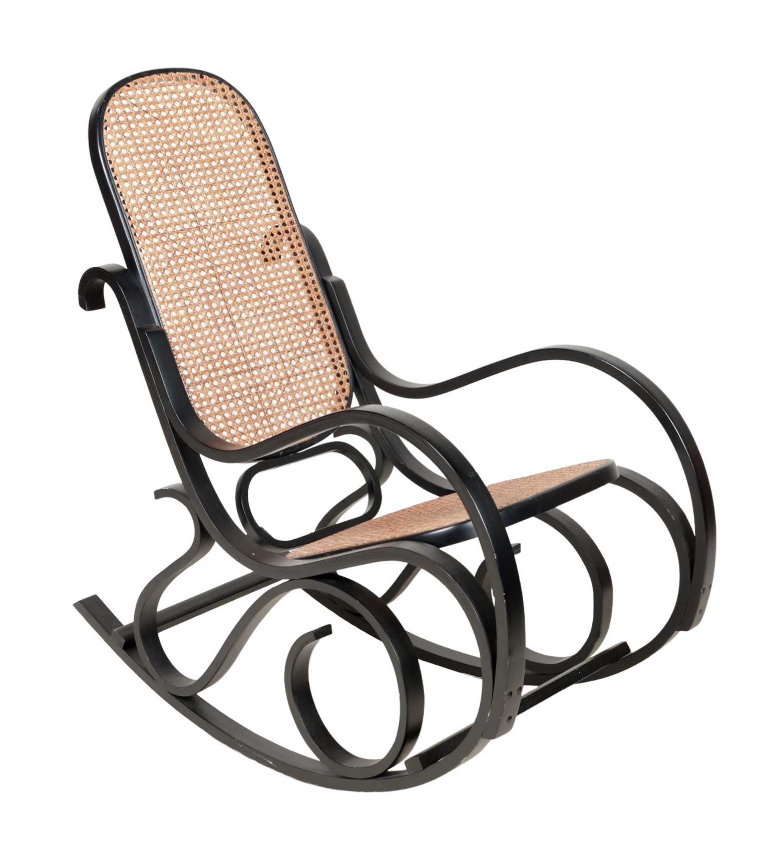 Thonet ebonized and caned rocking chair,