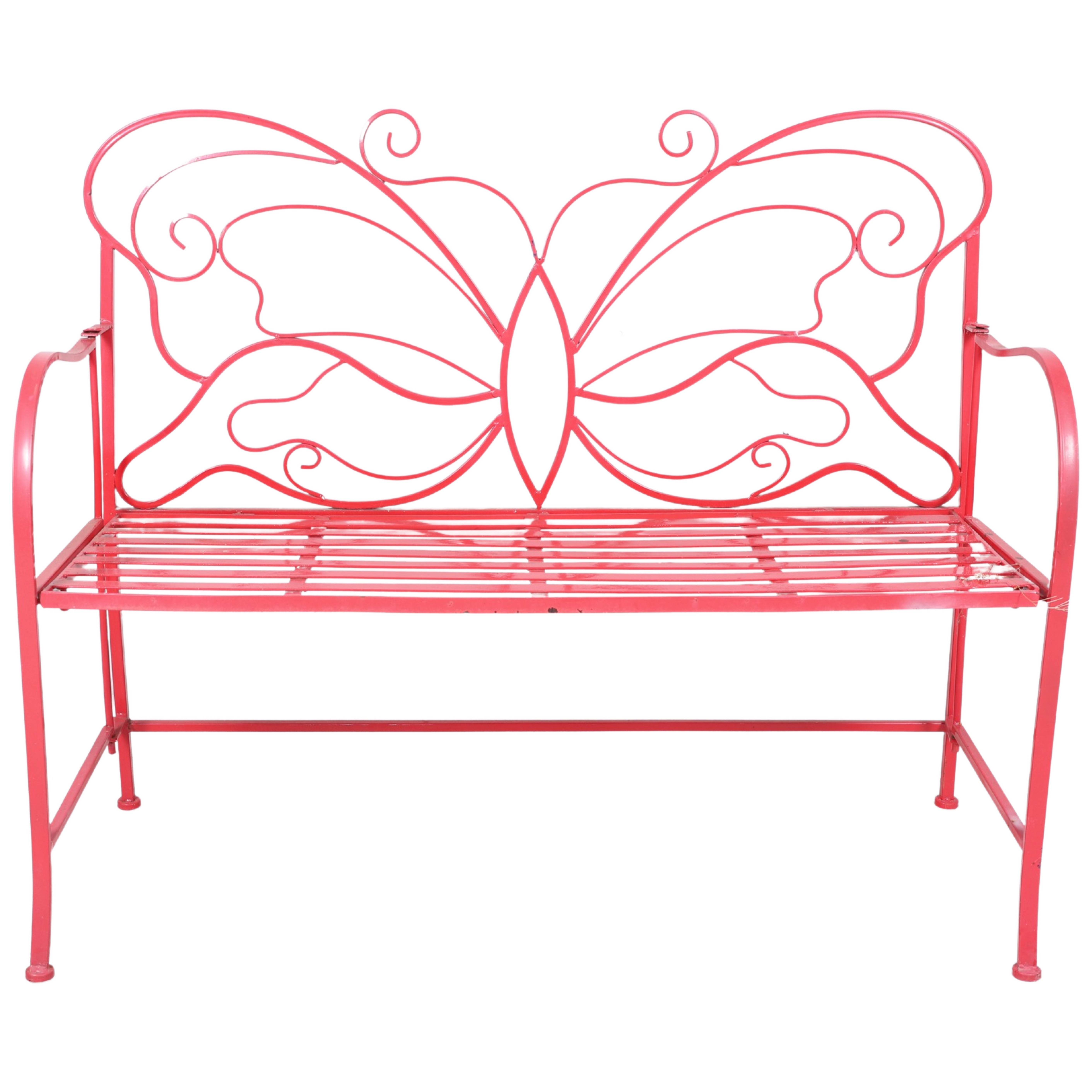 Red painted butterfly garden bench,