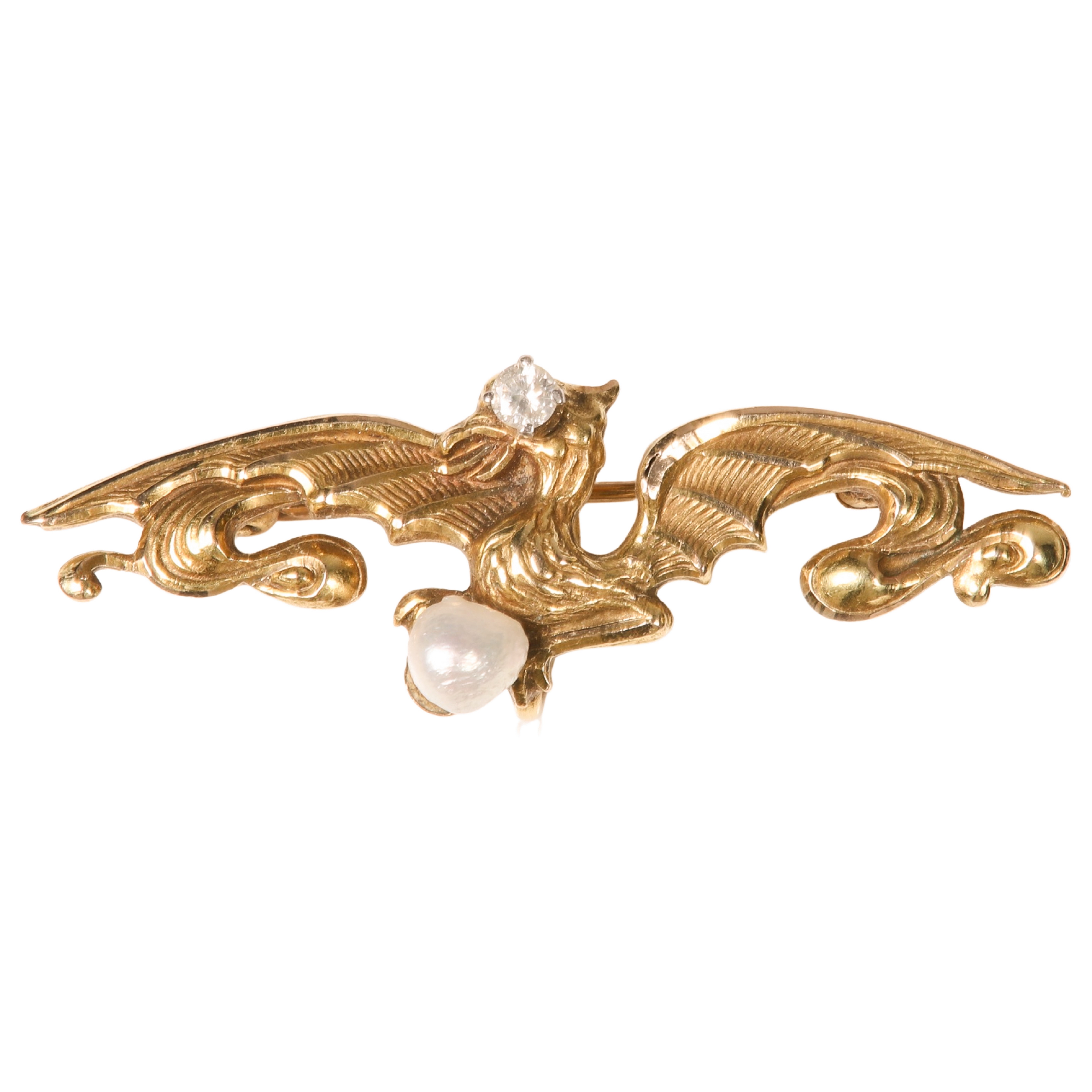 14K pearl and diamond winged dragon