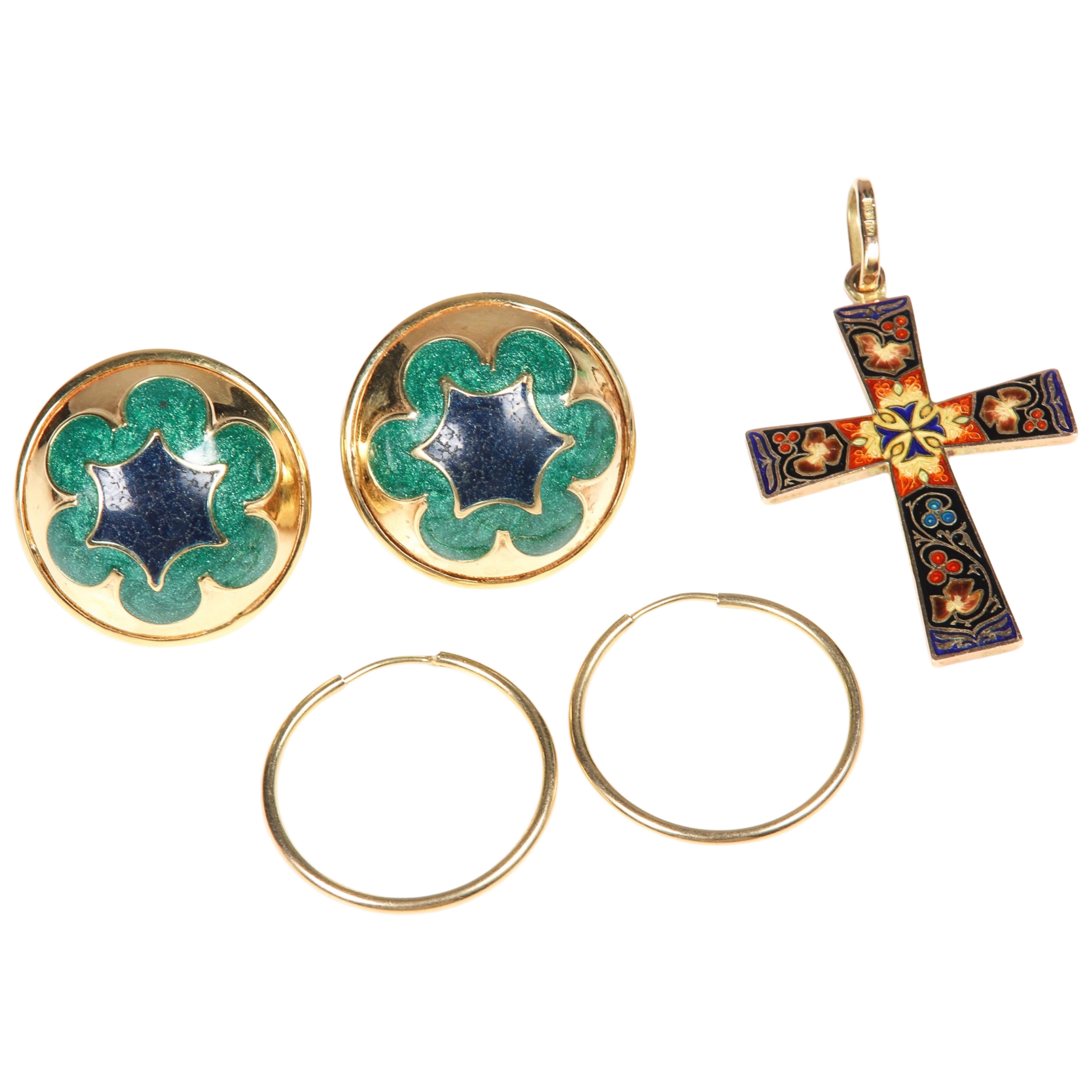 14K enamel earrings, crucifix and