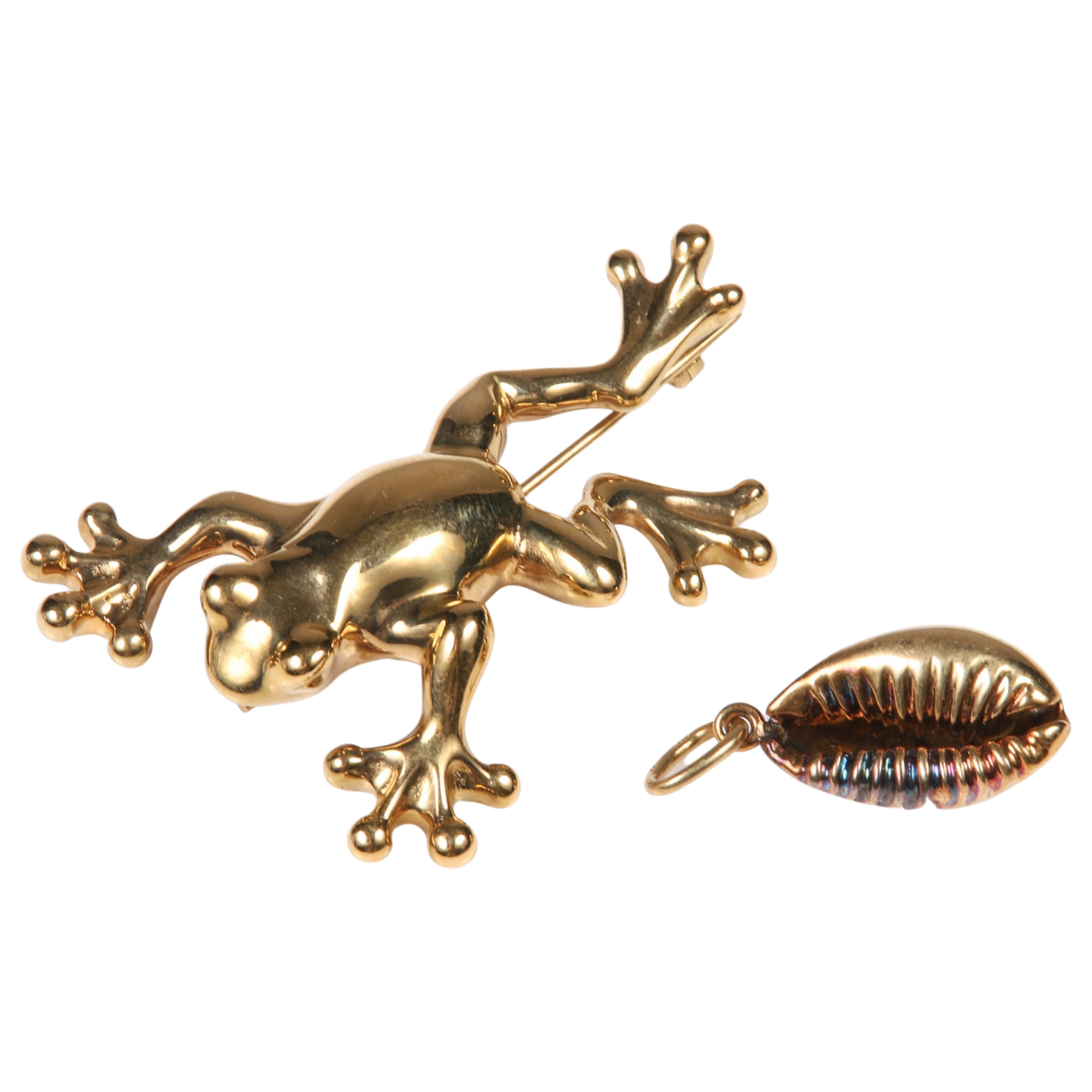 14K frog brooch and cowrie shell pendant,