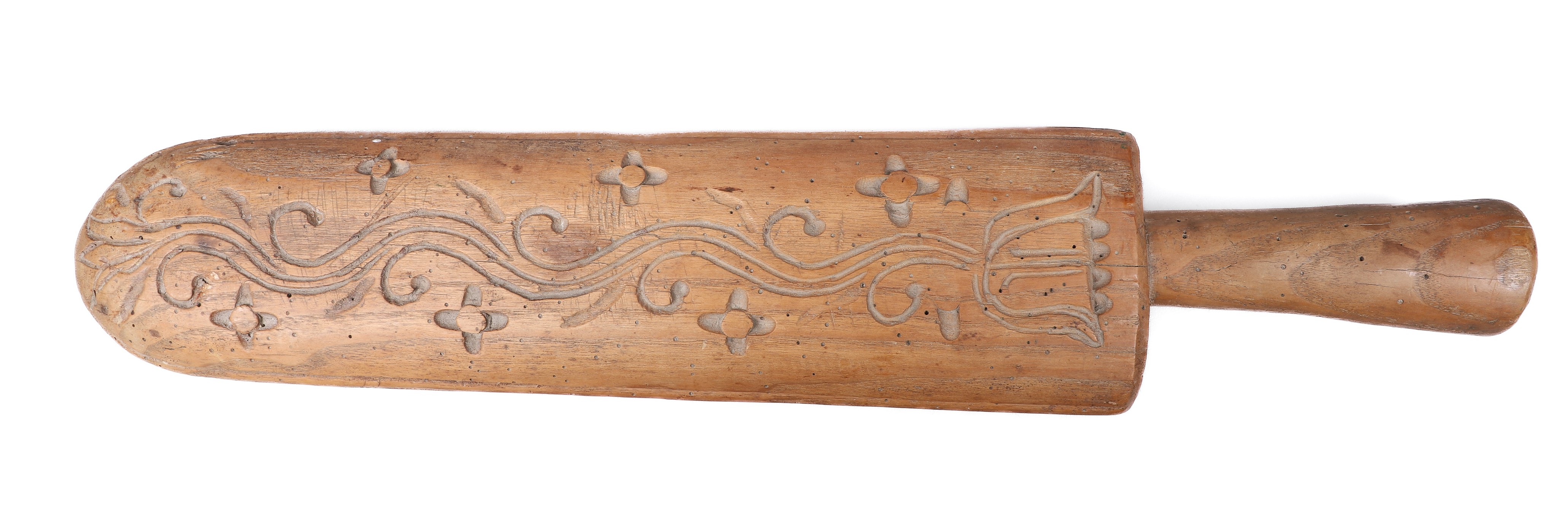 Carved wood mangle board, end handle,