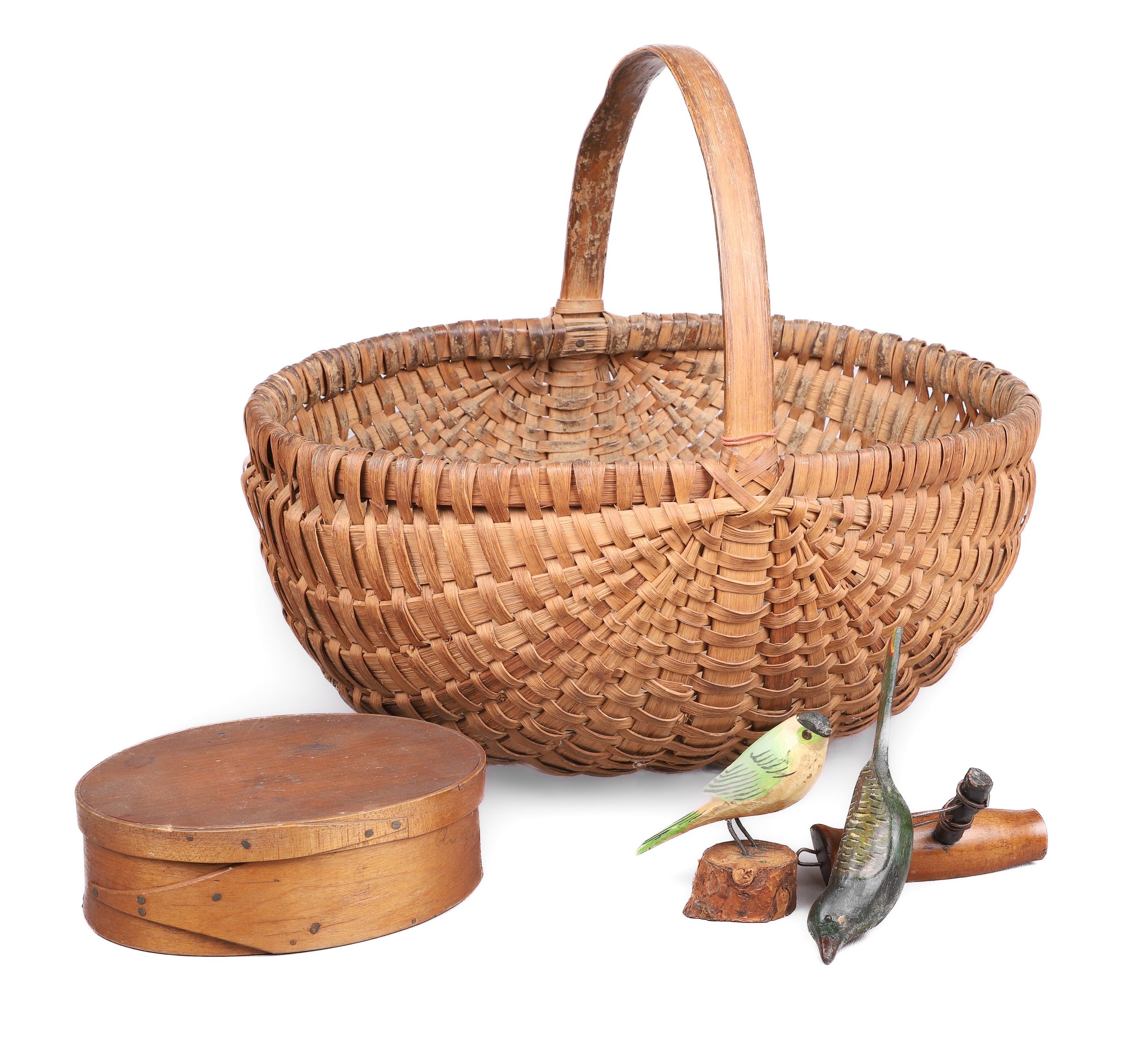 Oak splint basket, birds and shaker