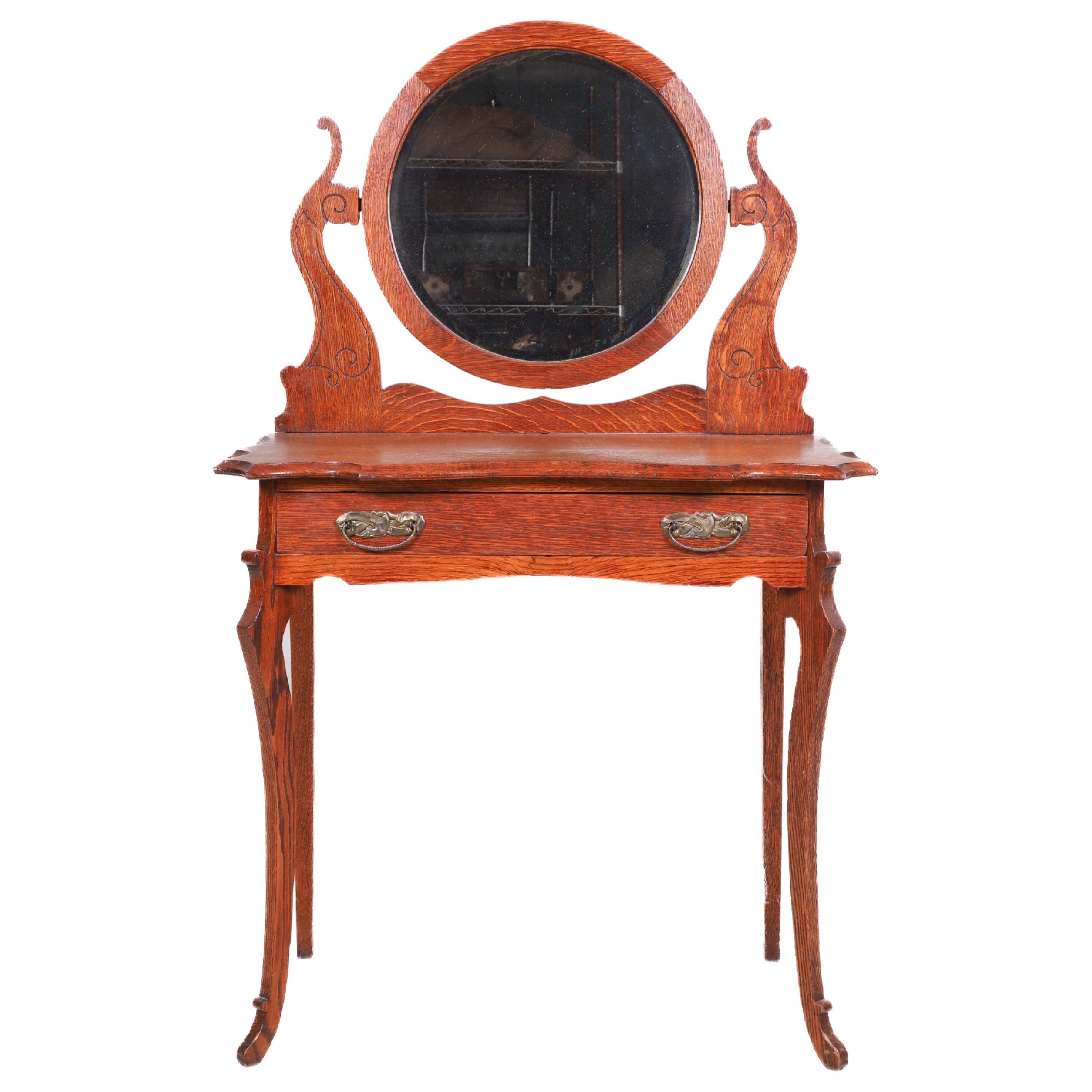 Oak carved vanity, round beveled mirror,