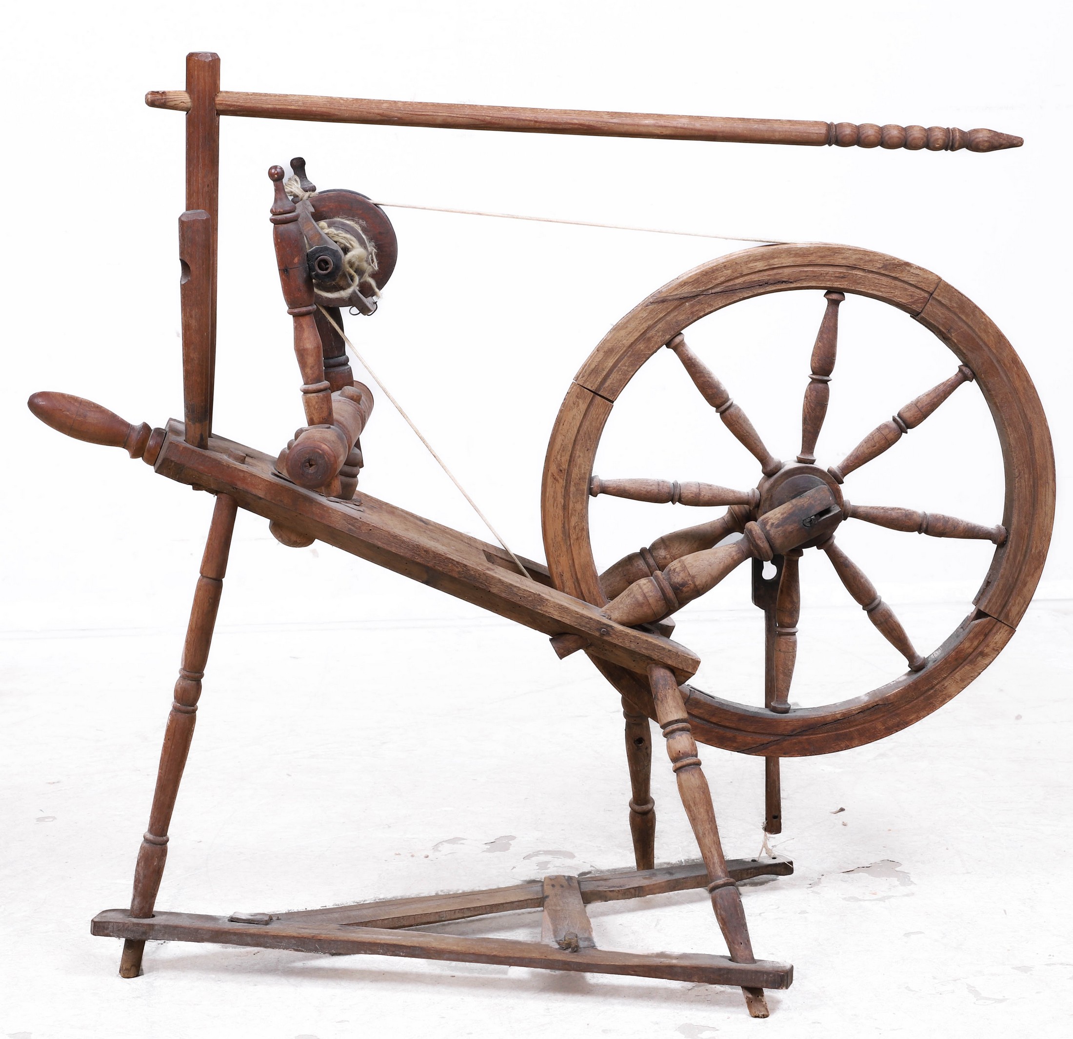 Pine spinning wheel, 31"h x 35"w