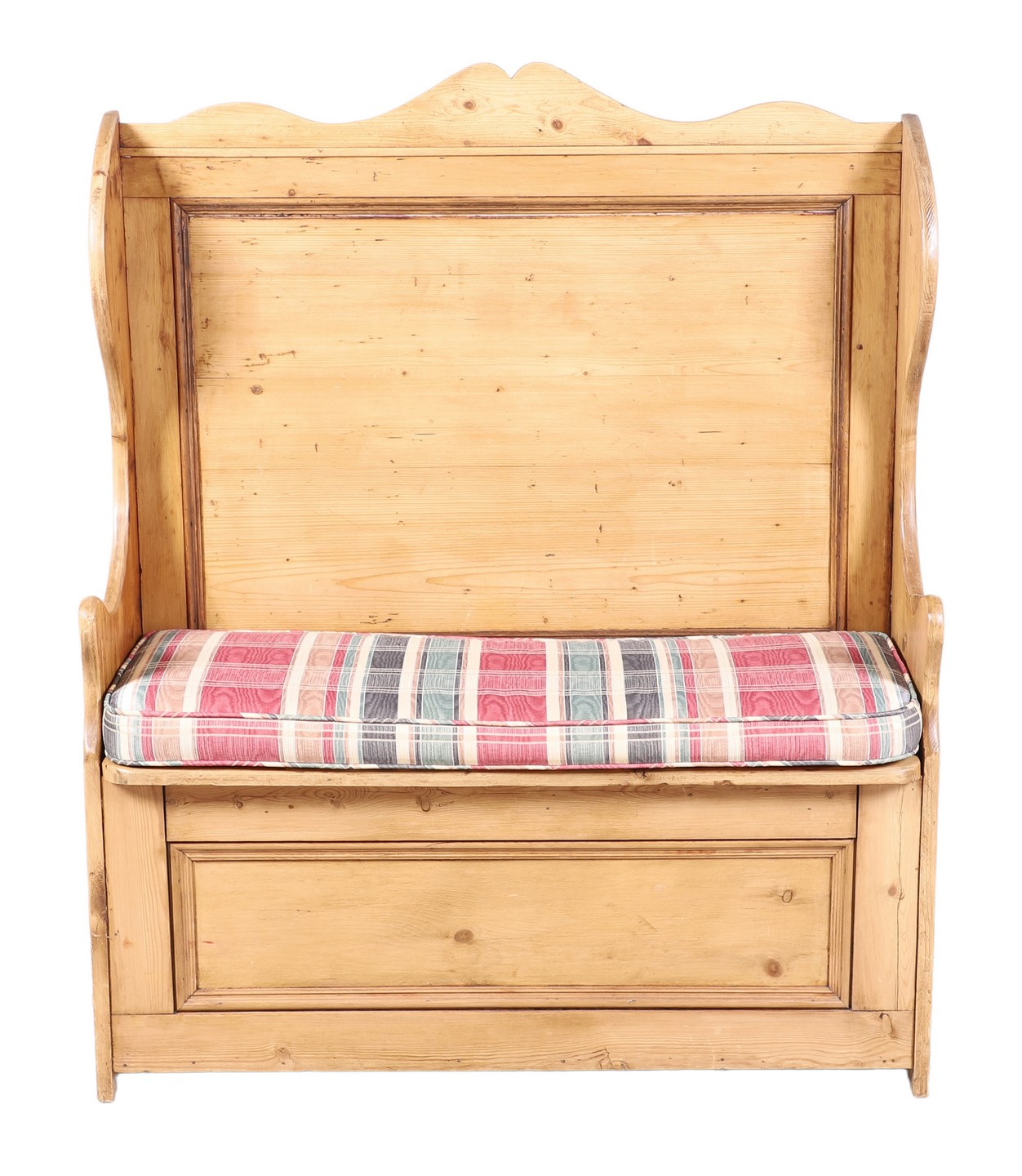 Pine paneled bench hall seat, lift