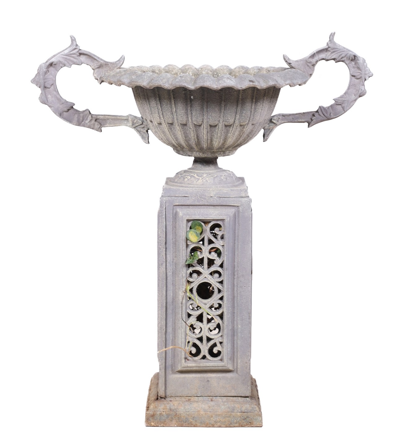 Pierced lead urn on pedestal planter,