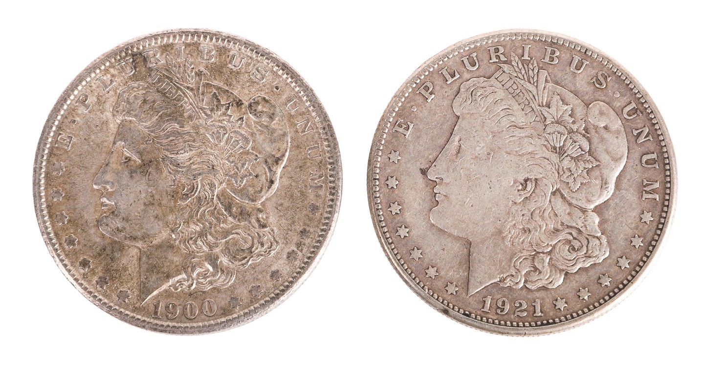 (2) Morgan silver dollars, c/o